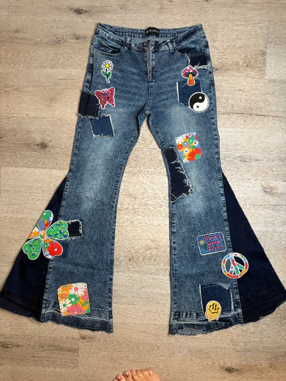 Dolls Kill - Current Mood - Patchwork Flare Bell Bottom Jeans - L